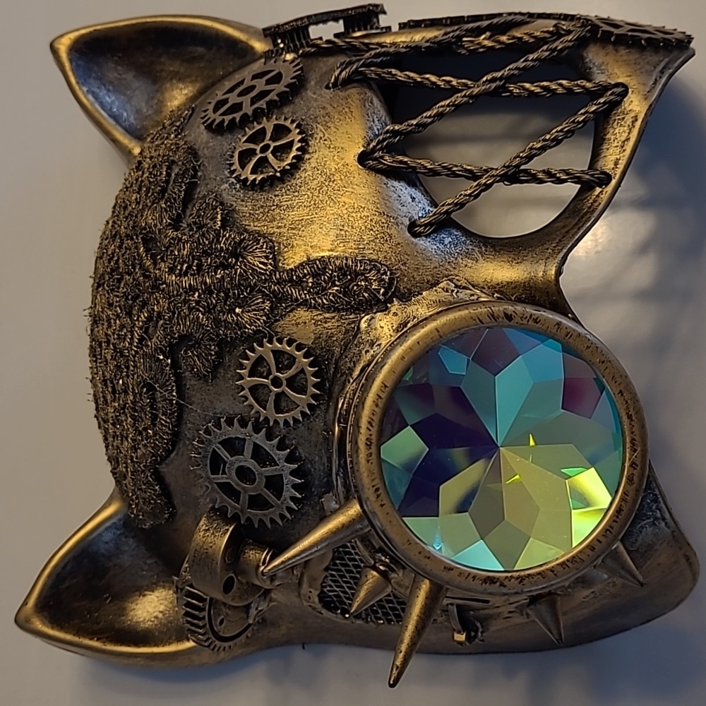 Cat Steampunk Mask Antiqued Gold-tone Lace, Spikes, & Gears Rainbow Kaleidescope - Picture 2 of 16